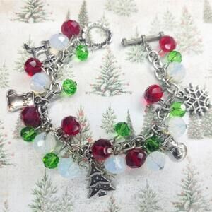 Christmas Glass Bead Jingle Toggle Clasp Charm Bracelet
